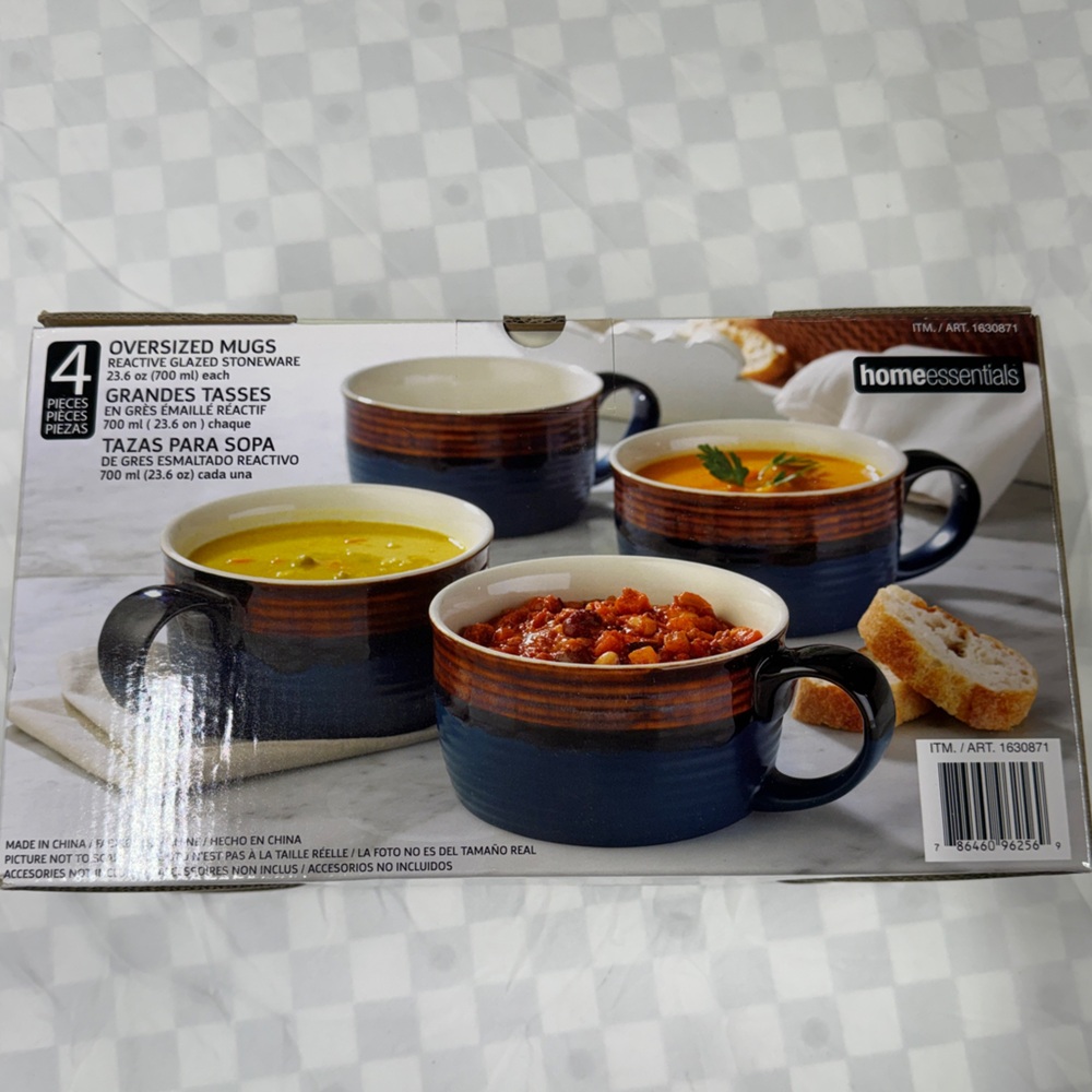 Home Essentials Gradient Oversized Soup Mugs Set in Blue and Brown Stoneware NIB